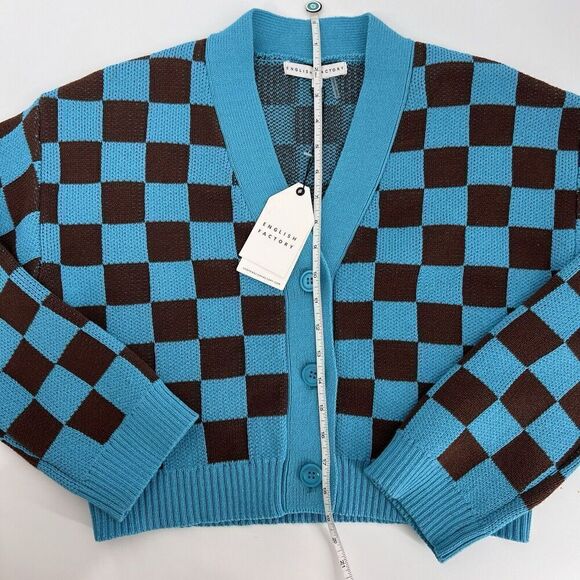 English Factory Brown Blue Checkerboard Checkered Cardigan Sweater Sz S Preppy - Picture 11 of 14